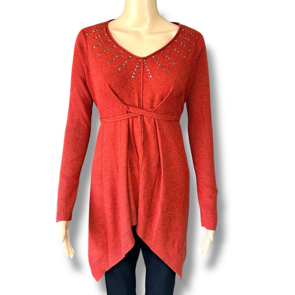 One World Studded Tunic Sweater Medium Burnt Orange Asymmetrical Hem Boho Empire